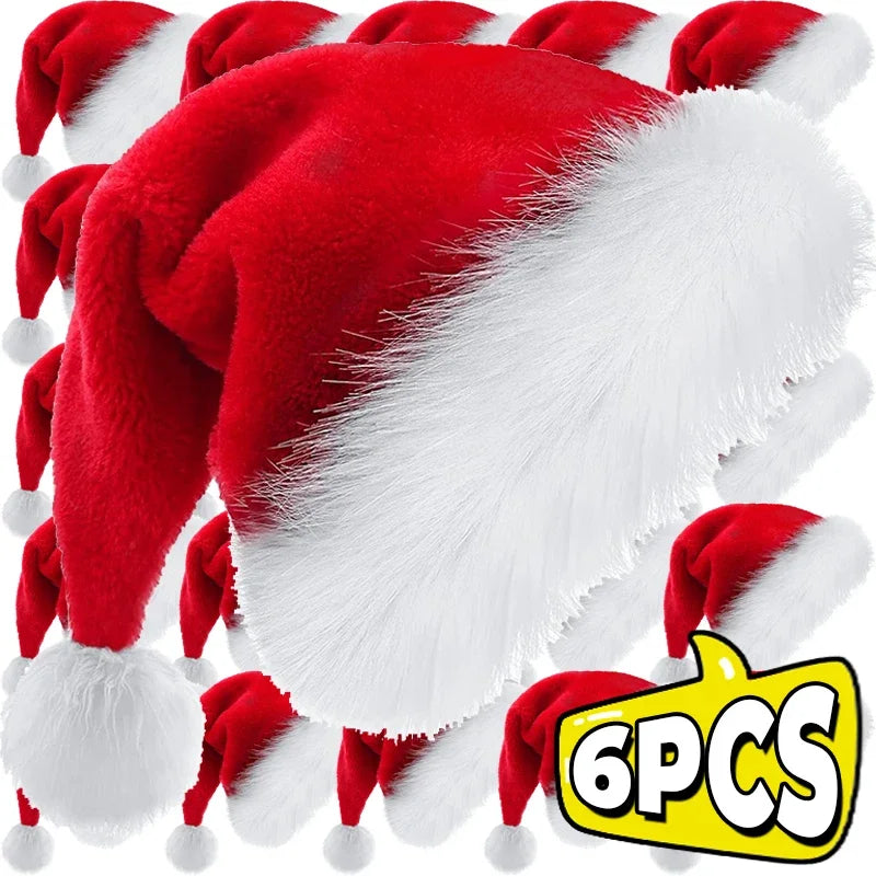 6/1PCS Plush Christmas Hat for Adults & Kids | Soft Velvet Thickened Santa Claus Caps | Xmas New Year Hats Festival Party Decor Gifts
