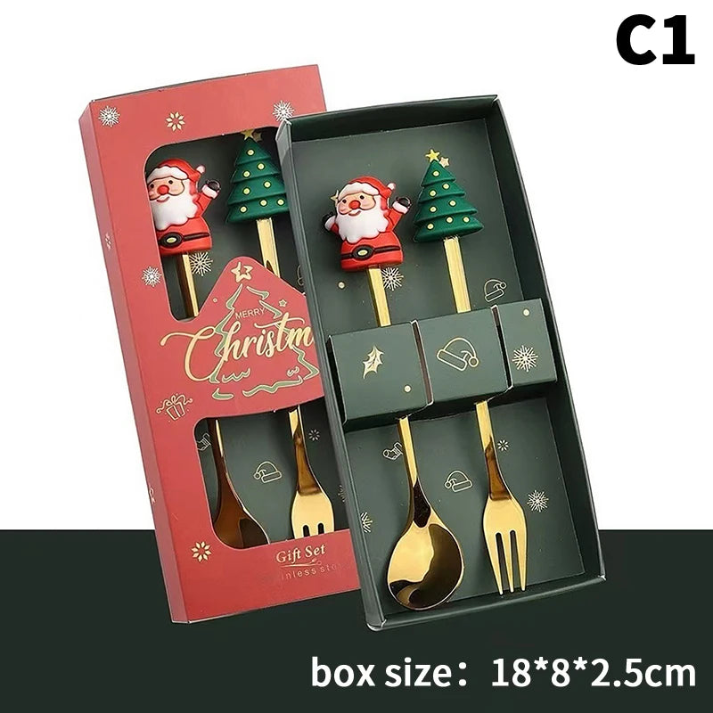 Stainless Steel Christmas Fork and Spoon Set | Coffee, Tea, & Dessert Tableware with Festive Gift Box