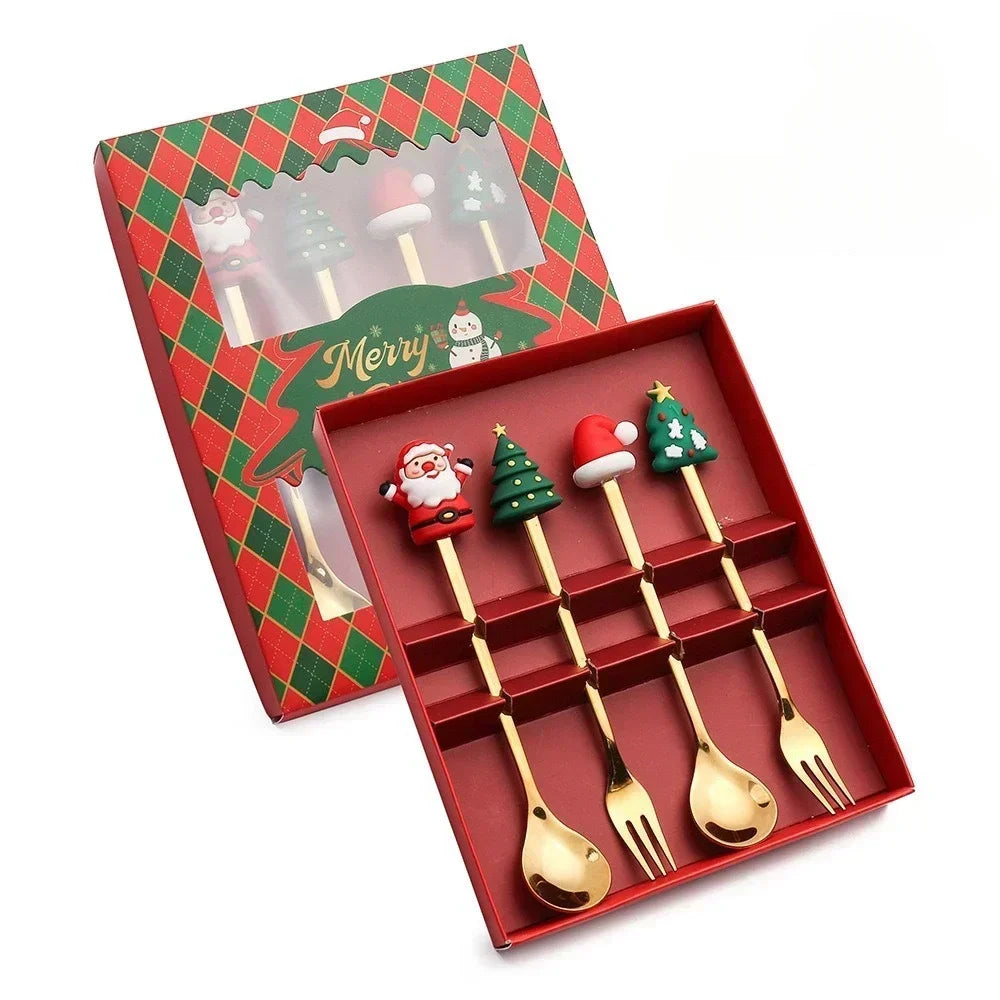 Christmas Spoon & Fork Set – 1/2/4/6pcs Stainless Steel Coffee Tea Dessert Utensils with Santa & Tree Designs (Gift Box)