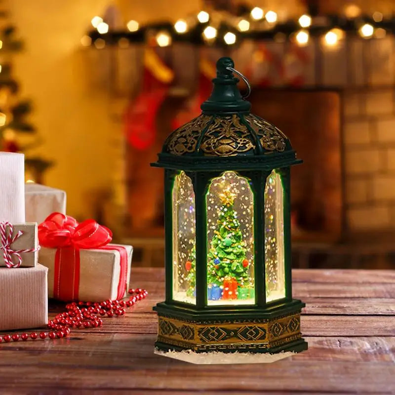 Christmas Snow Globe Lantern – Light-Up Glitter Hexagonal Wind Lamp | Winter Decor Table Centerpiece