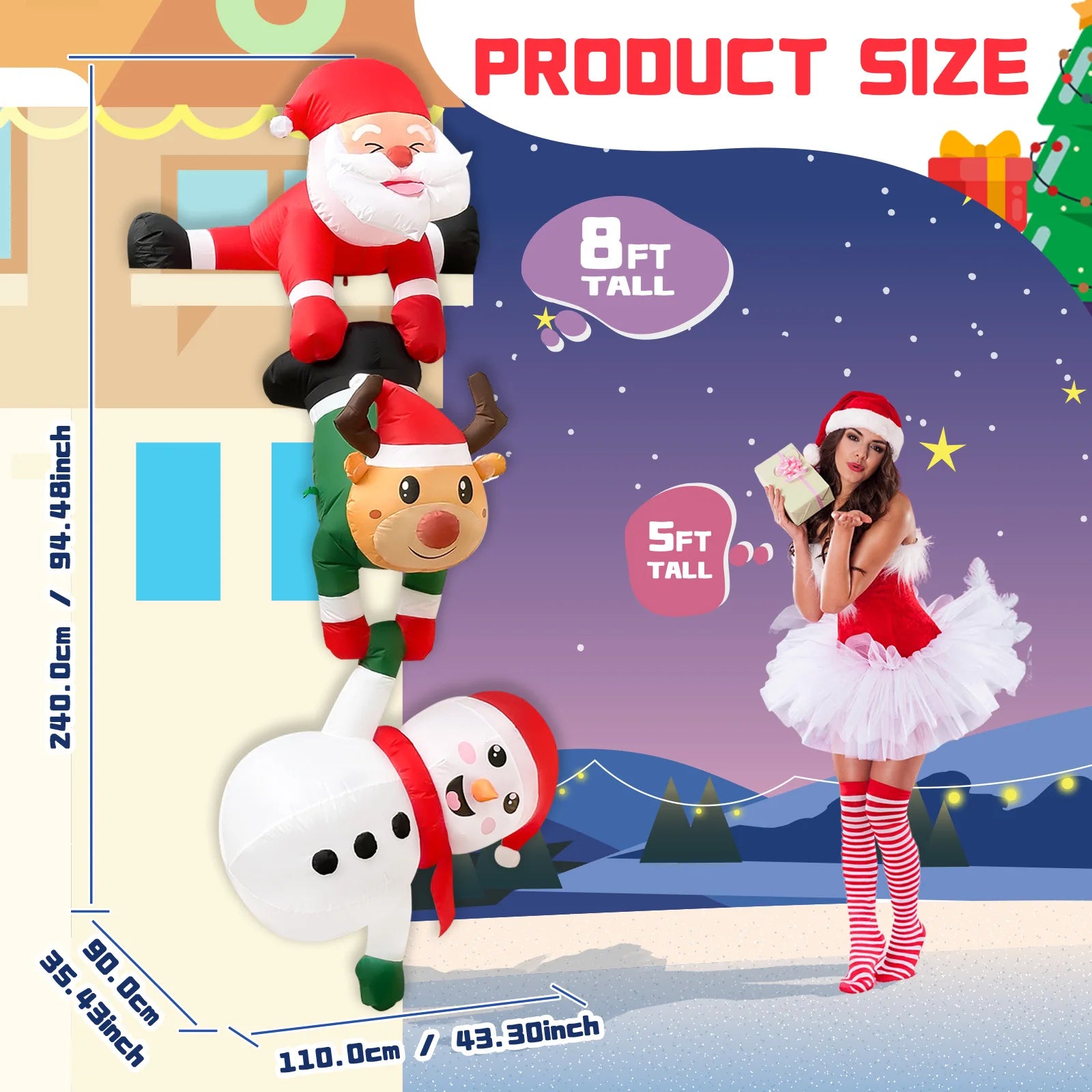 8FT Christmas Inflatable Decor | Climbing Santa, Reindeer, Snowman/Elves | Xmas Decor for Beam, Roof, Tree, Indoor Party