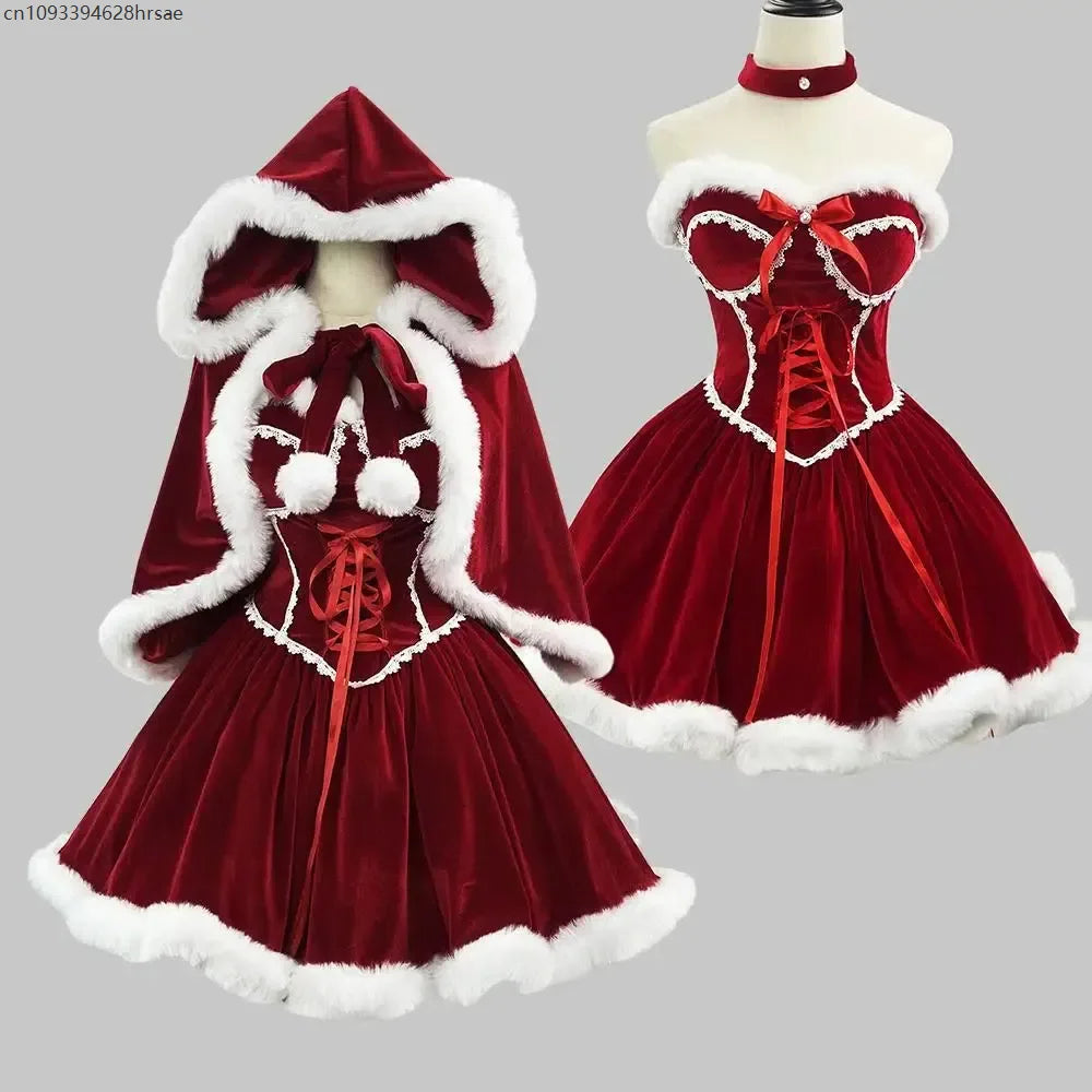 Carnival Christmas Costume | Vintage Medieval Hooded Cloak & Girdling Dress | Lolita Retro European Party Gown