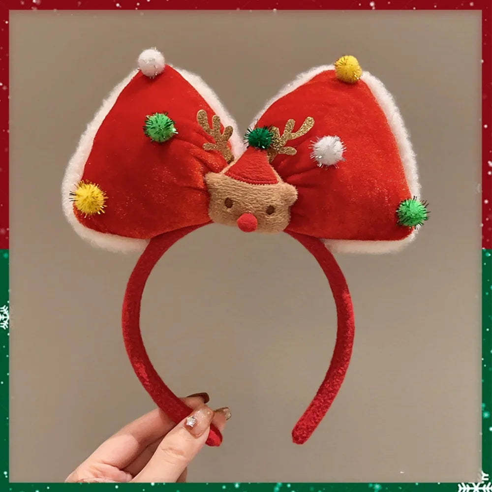 Christmas Headband Decoration | Santa Reindeer Antlers & Red Bowknot | Party Dress Up Plush Red Hair Band