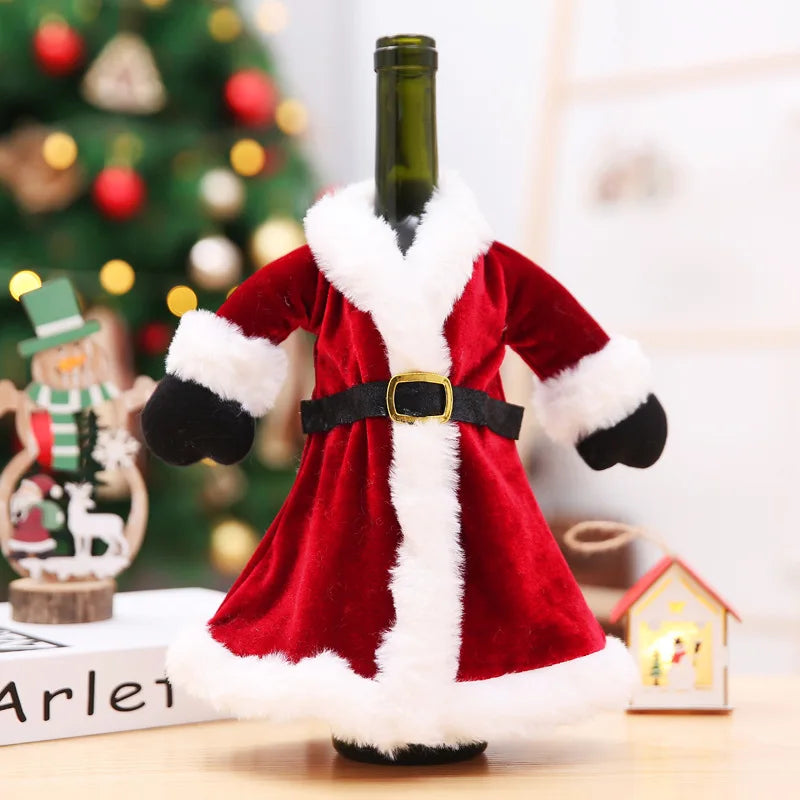 Christmas Wine Bottle Covers Set | Red Velvet Dress Sleeve Bags | Santa Claus Ornaments for New Year & Xmas Dinner Table Decoration