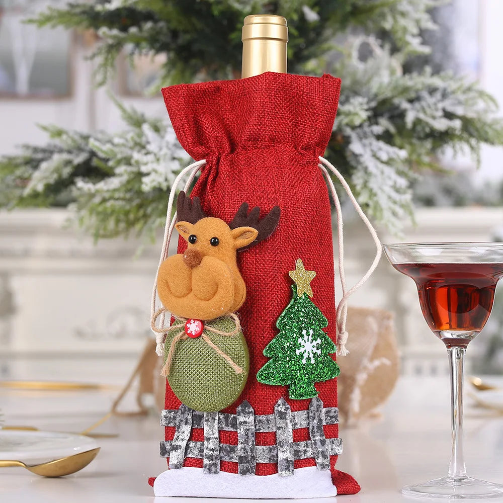 Christmas Wine Bottle Covers Set | Red Velvet Dress Sleeve Bags | Santa Claus Ornaments for New Year & Xmas Dinner Table Decoration
