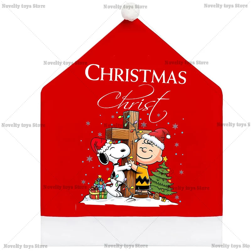Snoopy's Christmas Chair Cover | Non-woven Fabric Seat Cover for Dining Table Decoration | Anime Xmas Party Supplies Home Gift