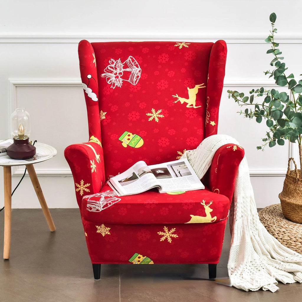 Christmas Wing Chair Cover | Elastic Relax Sofa Armchair Wingback Slipcover | Festive Christmas Decor with Seat Cushion