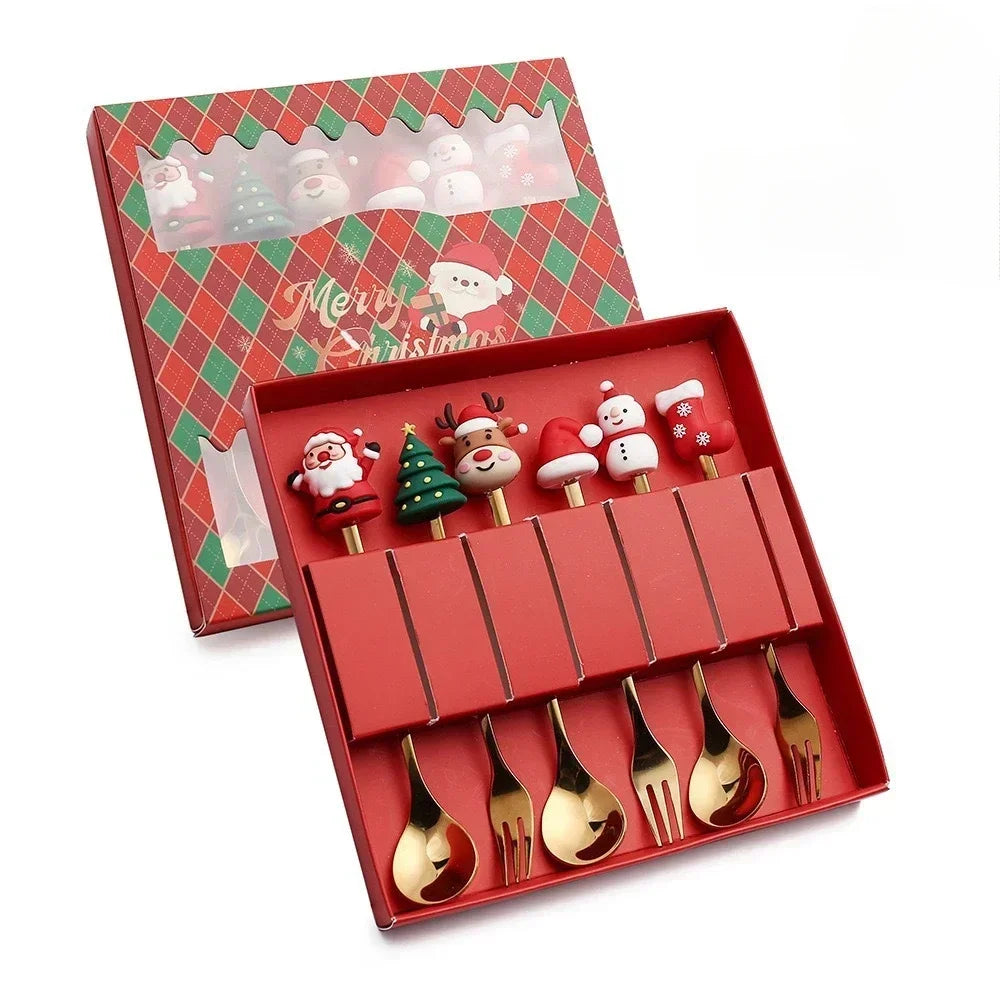 Christmas Spoon & Fork Set – 1/2/4/6pcs Stainless Steel Coffee Tea Dessert Utensils with Santa & Tree Designs (Gift Box)