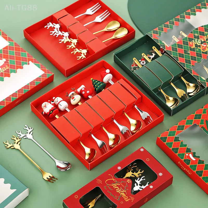 Stainless Steel Christmas Fork and Spoon Set | Coffee, Tea, & Dessert Tableware with Festive Gift Box