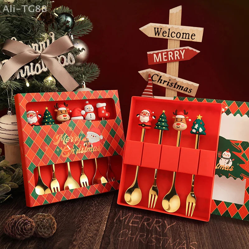 Stainless Steel Christmas Fork and Spoon Set | Coffee, Tea, & Dessert Tableware with Festive Gift Box
