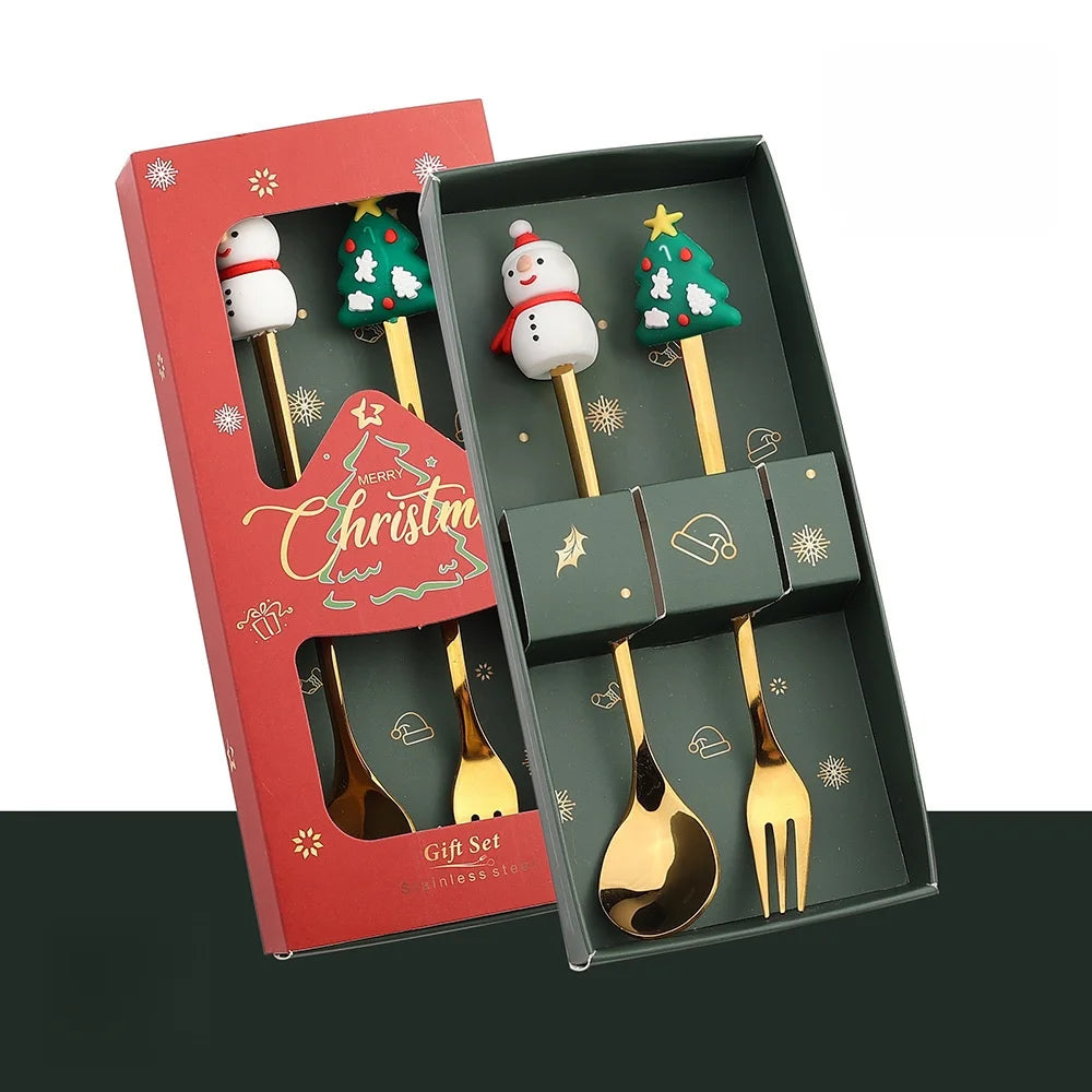 2/6 Pcs Christmas Fork and Spoon Set | Stainless Steel Creative Coffee, Tea, Dessert Tableware Gift Set