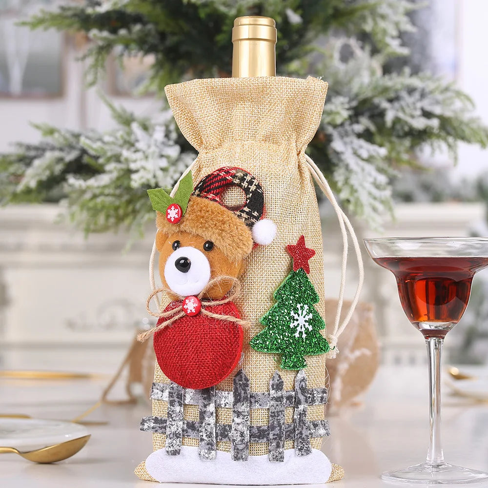 Christmas Wine Bottle Covers Set | Red Velvet Dress Sleeve Bags | Santa Claus Ornaments for New Year & Xmas Dinner Table Decoration