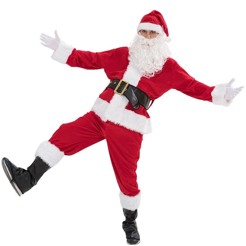 Santa Claus Costume Christmas Complete Dress-Up Outfit for Adult Men | 7PCS Deluxe Santa Suit with Hat Cosplay Costumes