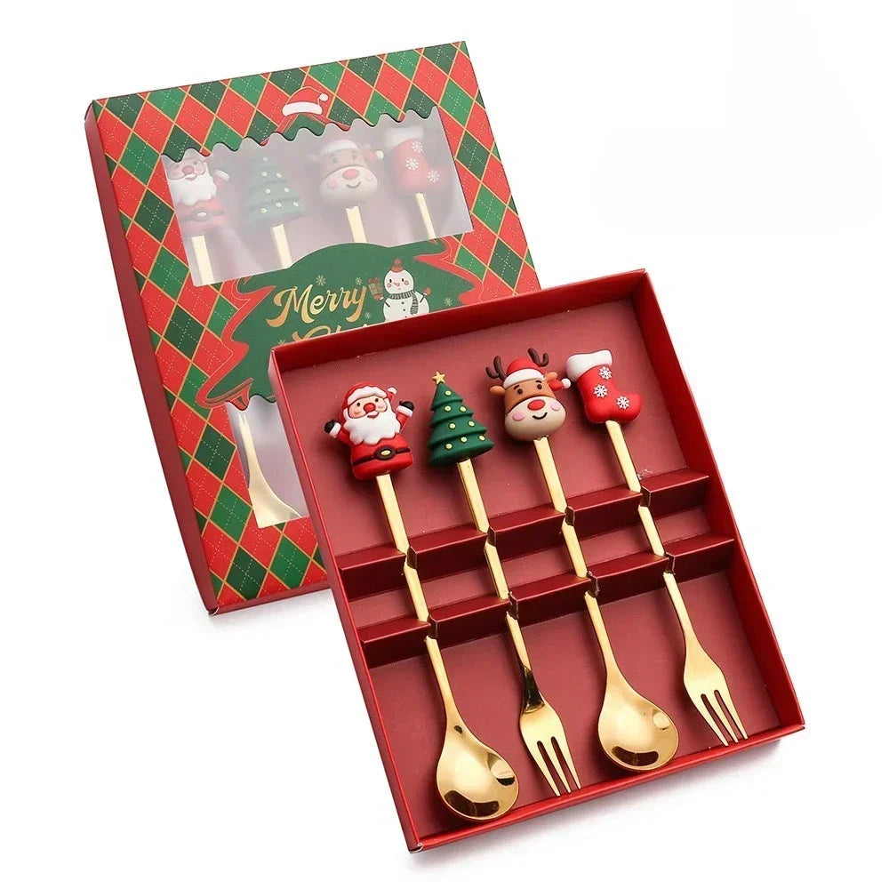 Christmas Spoon & Fork Set – 1/2/4/6pcs Stainless Steel Coffee Tea Dessert Utensils with Santa & Tree Designs (Gift Box)