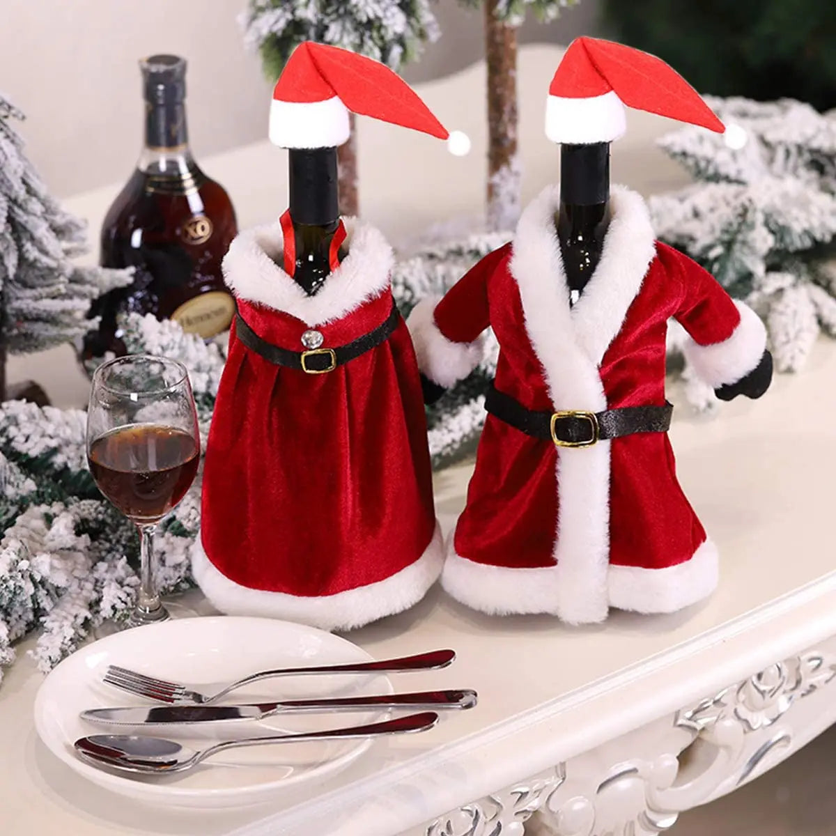 Christmas Wine Bottle Covers Set | Red Velvet Dress Sleeve Bags | Santa Claus Ornaments for New Year & Xmas Dinner Table Decoration