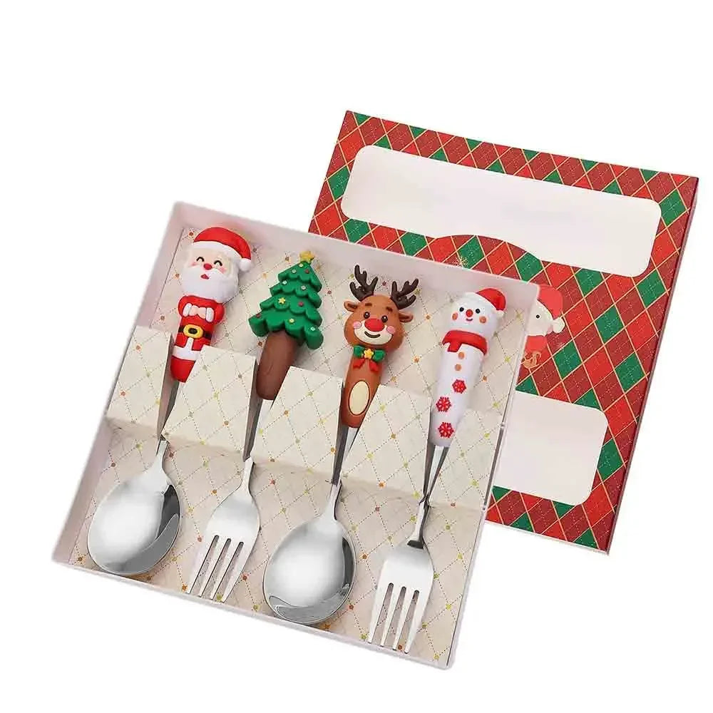 Christmas Cutlery Set: 4-Piece Playful Silver Spoons & Forks with Reindeer & Christmas Tree Decorations | Festive Gift Box