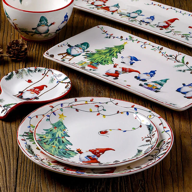 Goblin Series Ceramic Plate | Large Dinner Plate & Rectangle Tray | Christmas Tableware with Underglaze Finish