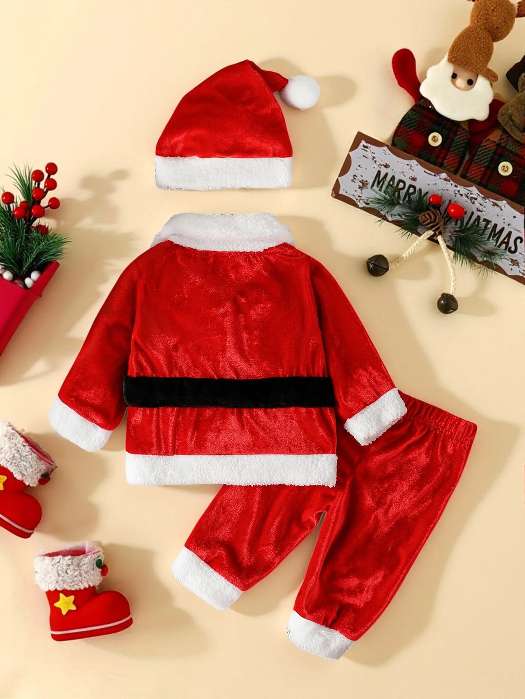 2025 Cute Boy Christmas Cosplay Santa Claus Costume | Baby Unisex 3 Piece Outfit Set (Cardigan+Trousers+Hat) for 0-1Y Clothes Suit
