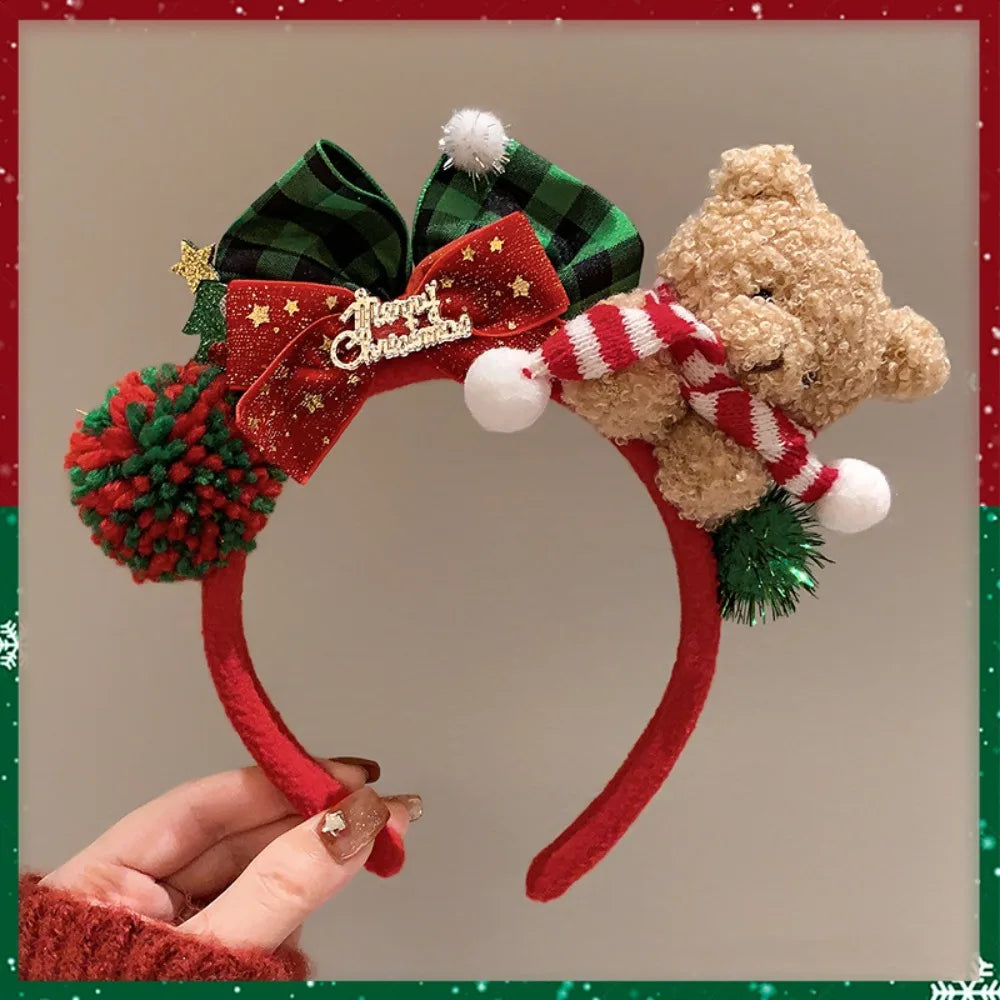 Christmas Headband Decoration | Santa Reindeer Antlers & Red Bowknot | Party Dress Up Plush Red Hair Band