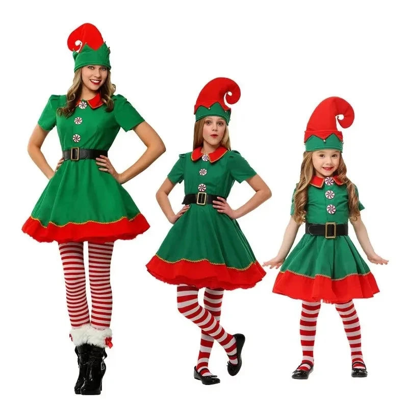New Christmas Santa Claus & Green Elf Costume Set | Family Carnival Party Cosplay Fancy Dress Clothes | Children & Adult Suit Gift