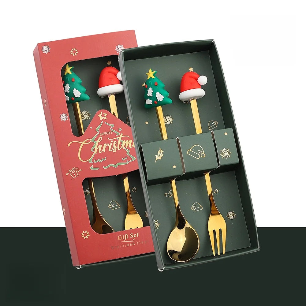 2/6 Pcs Christmas Fork and Spoon Set | Stainless Steel Creative Coffee, Tea, Dessert Tableware Gift Set