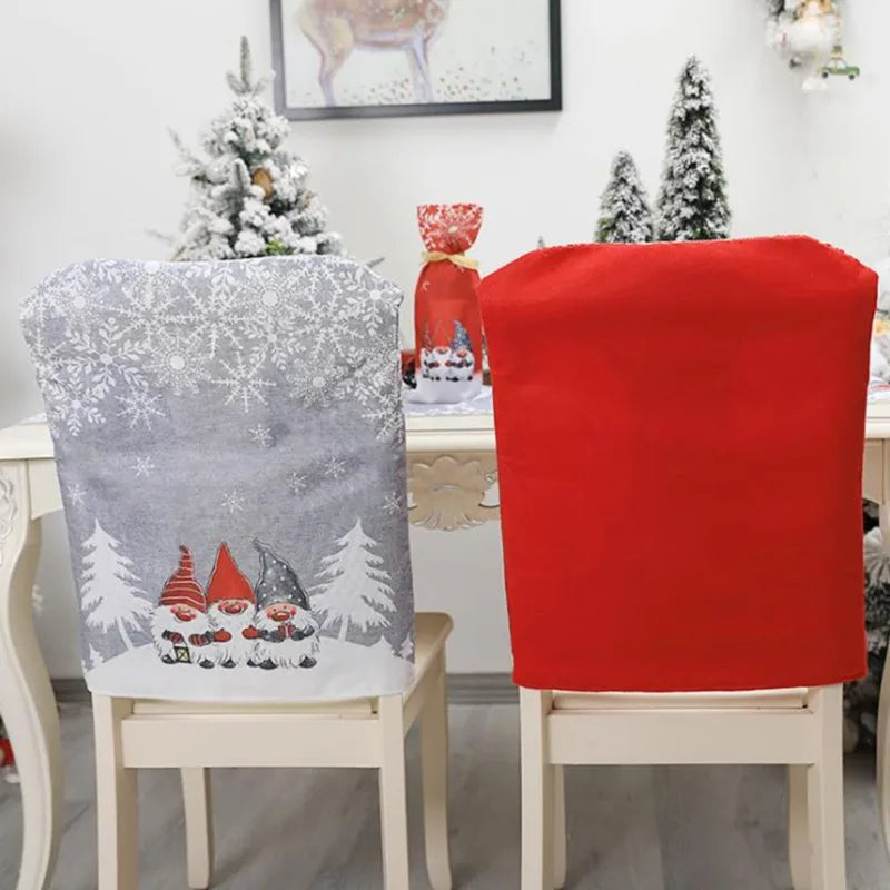 Christmas Decorative Chair Cover & Stool Cover | Linen Santa Claus, Snowman & Snowflake Printed Chair Covers for Dining Room