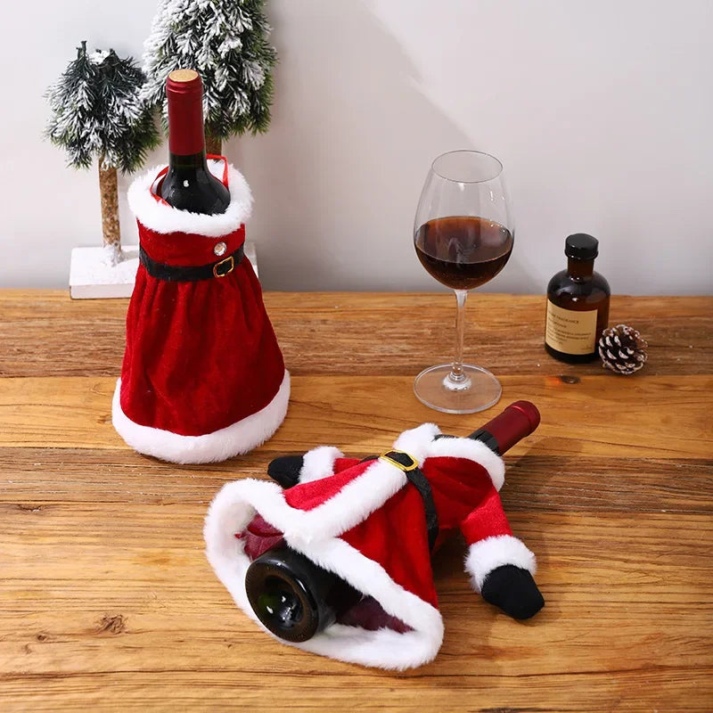 Creative Christmas Wine Bottle Cover Set | Velvet Dress Clothes Ornaments Bag | Xmas Party Dinner Table Decoration Gifts