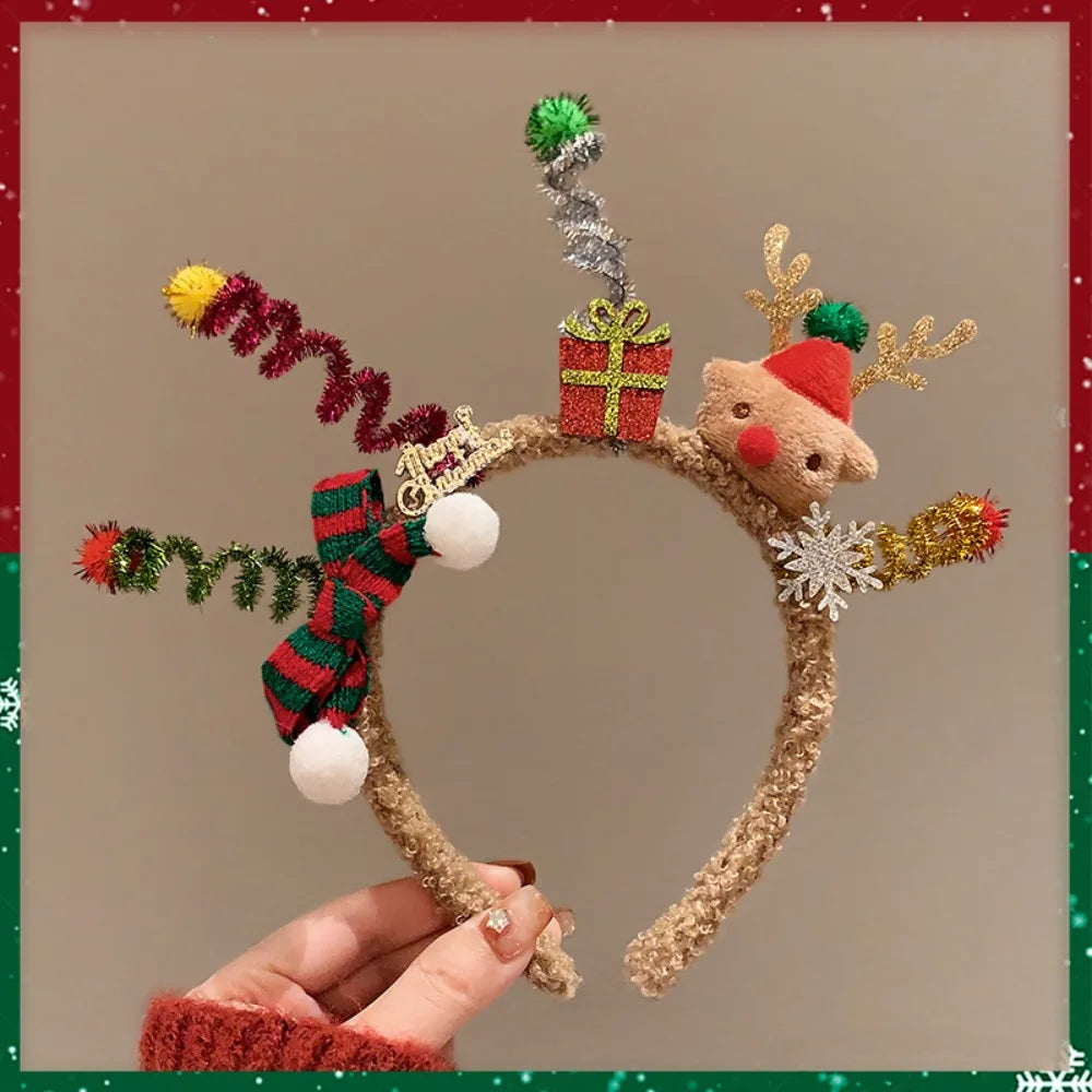 Christmas Headband Decoration | Santa Reindeer Antlers & Red Bowknot | Party Dress Up Plush Red Hair Band