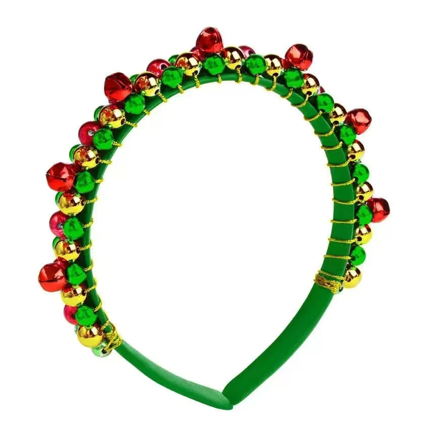Festive Christmas Headband | Red & Green Beads, Golden Accents & Bell Charms | Hand-Wrapped Polyester Party Accessory