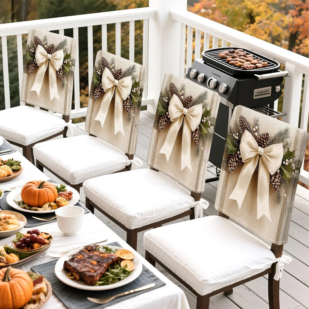 4pcs/set Christmas Bow Chair Cover (45x55cm) | Dining Seat Covers for Table Decoration | Dining Room, Bar & Banquet Party Supplies