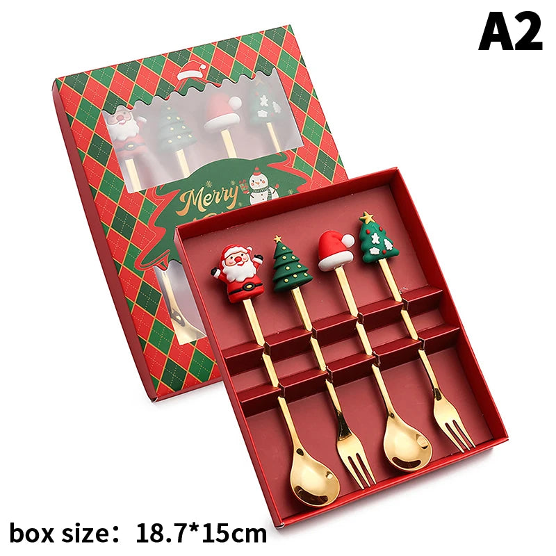 Stainless Steel Christmas Fork and Spoon Set | Coffee, Tea, & Dessert Tableware with Festive Gift Box