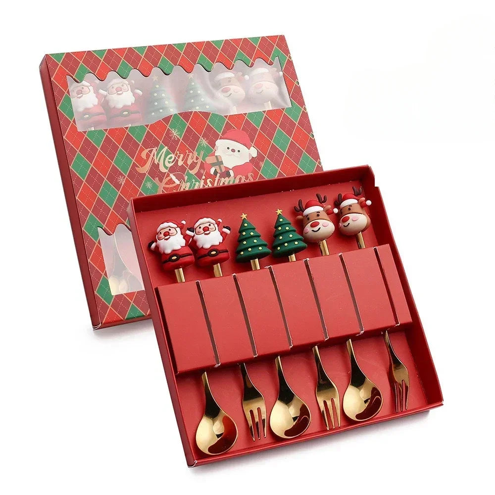 Christmas Spoon & Fork Set – 1/2/4/6pcs Stainless Steel Coffee Tea Dessert Utensils with Santa & Tree Designs (Gift Box)