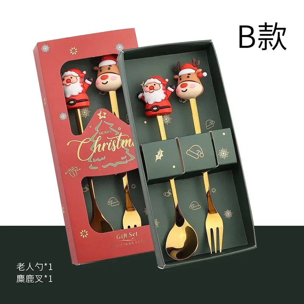 Christmas Spoon & Fork Set – 1/2/4/6pcs Stainless Steel Coffee Tea Dessert Utensils with Santa & Tree Designs (Gift Box)
