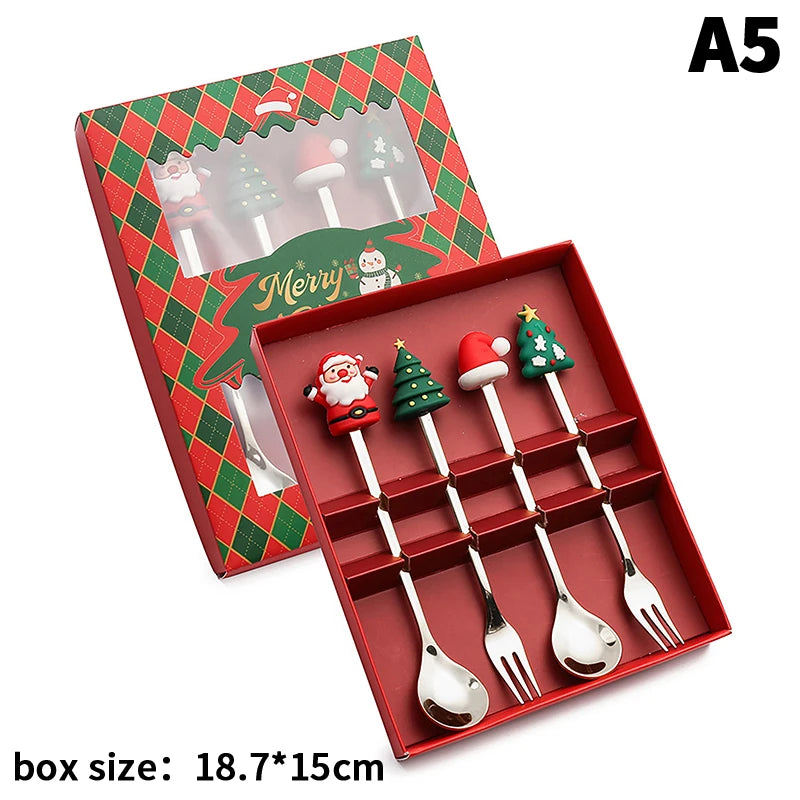Stainless Steel Christmas Fork and Spoon Set | Coffee, Tea, & Dessert Tableware with Festive Gift Box