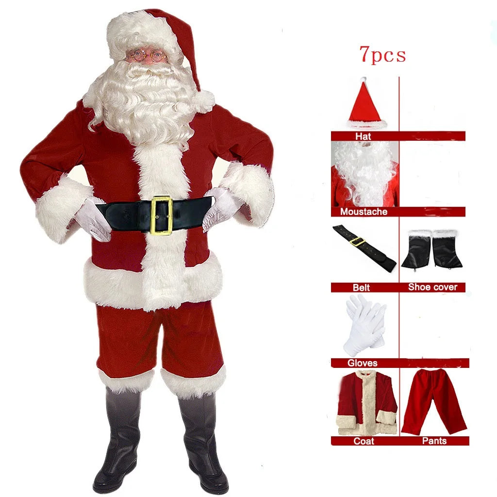 Santa Claus Costume Christmas Complete Dress-Up Outfit for Adult Men | 7PCS Deluxe Santa Suit with Hat Cosplay Costumes
