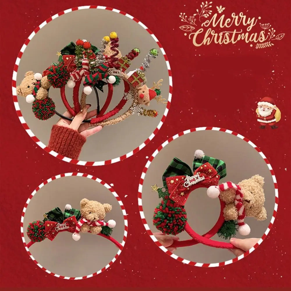 Christmas Headband Decoration | Santa Reindeer Antlers & Red Bowknot | Party Dress Up Plush Red Hair Band