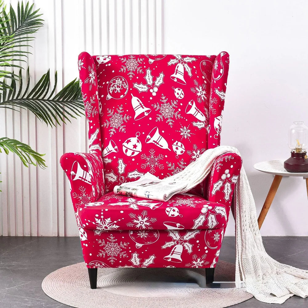 Christmas Wing Chair Cover | Elastic Relax Sofa Armchair Wingback Slipcover | Festive Christmas Decor with Seat Cushion