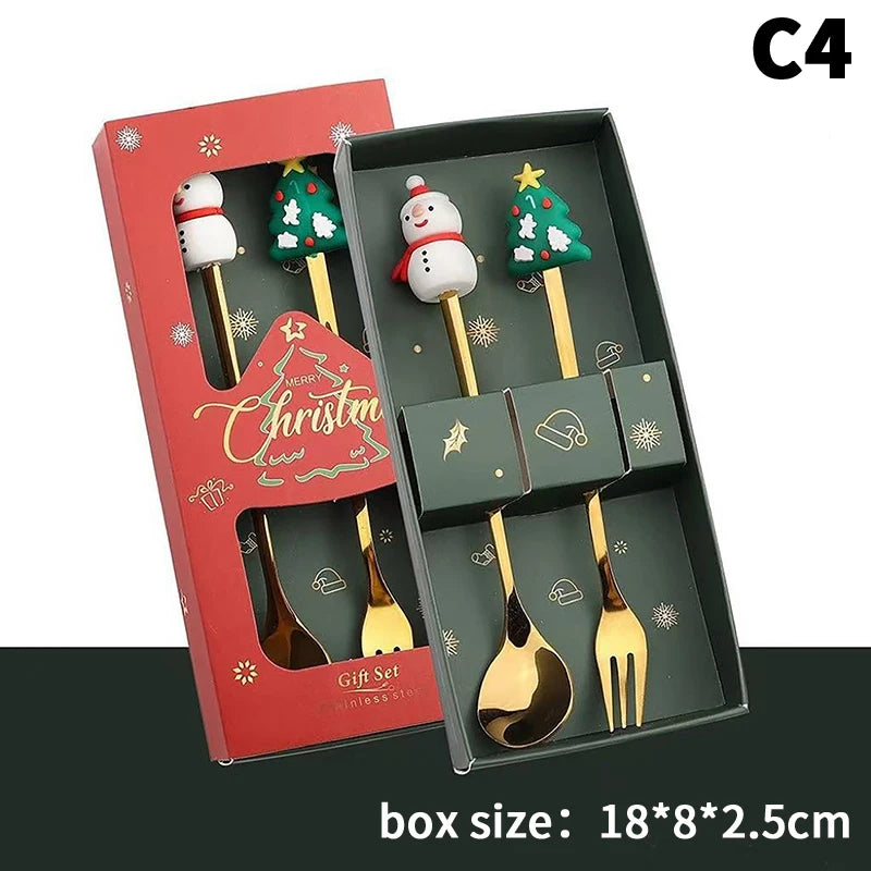 Stainless Steel Christmas Fork and Spoon Set | Coffee, Tea, & Dessert Tableware with Festive Gift Box