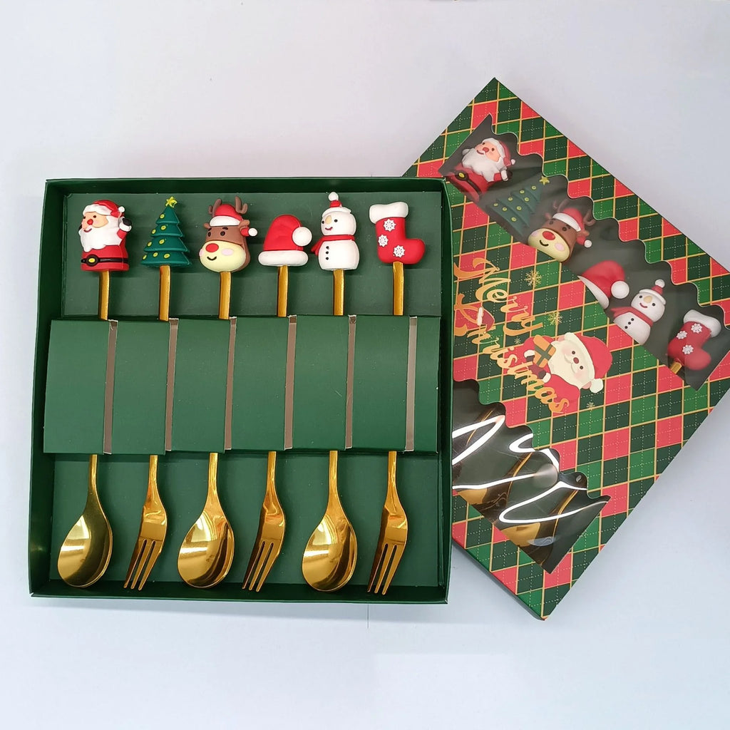 2/6 Pcs Christmas Fork and Spoon Set | Stainless Steel Creative Coffee, Tea, Dessert Tableware Gift Set