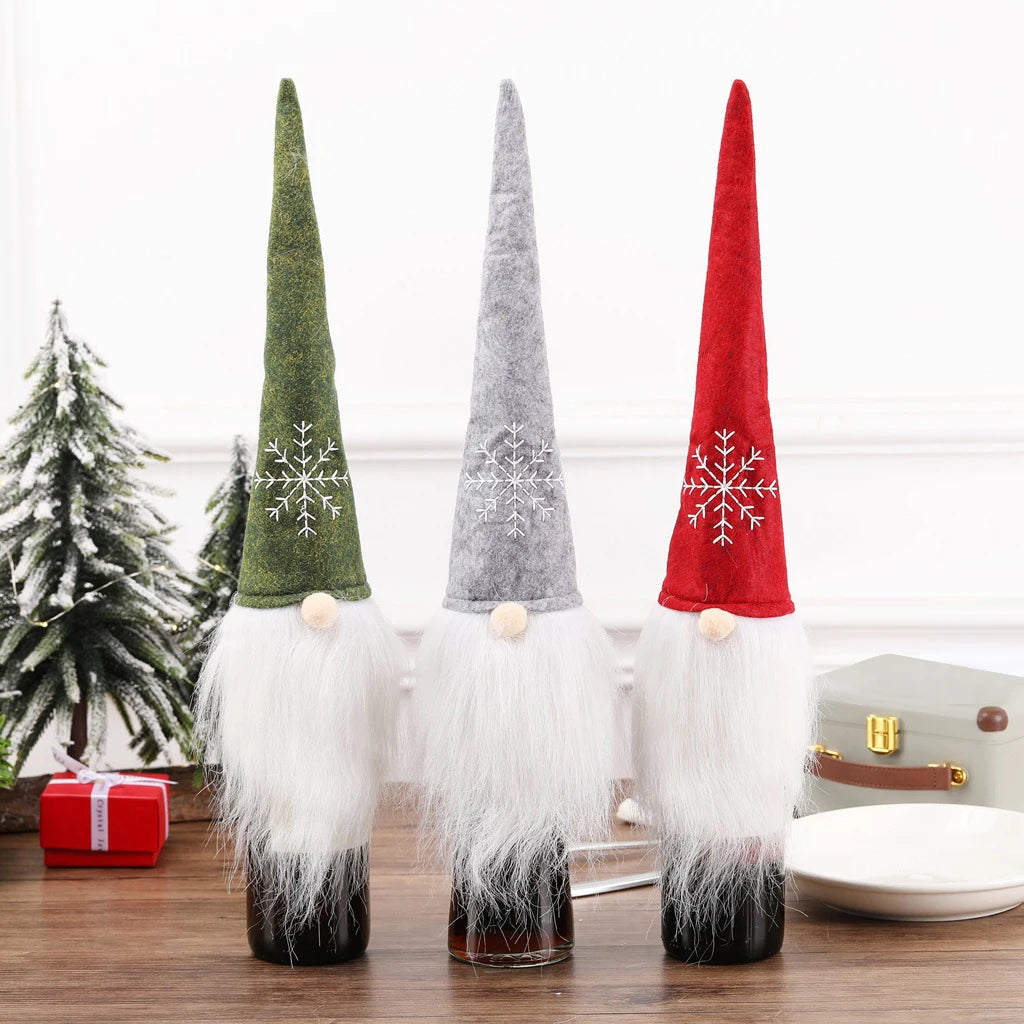 Christmas Wine Bottle Covers Set | Red Velvet Dress Sleeve Bags | Santa Claus Ornaments for New Year & Xmas Dinner Table Decoration