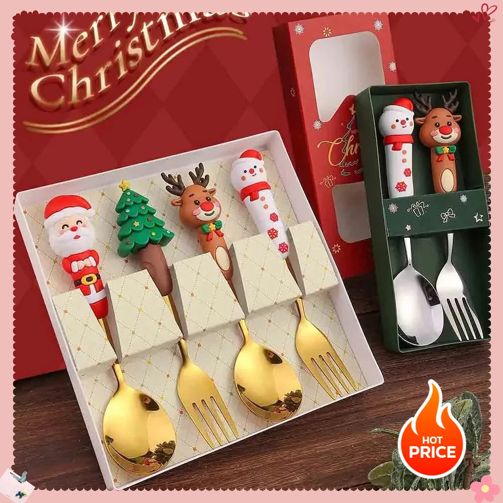 Christmas Cutlery Set: 4-Piece Playful Silver Spoons & Forks with Reindeer & Christmas Tree Decorations | Festive Gift Box