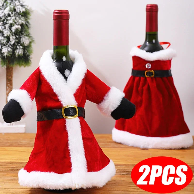 Creative Christmas Wine Bottle Cover Set | Velvet Dress Clothes Ornaments Bag | Xmas Party Dinner Table Decoration Gifts