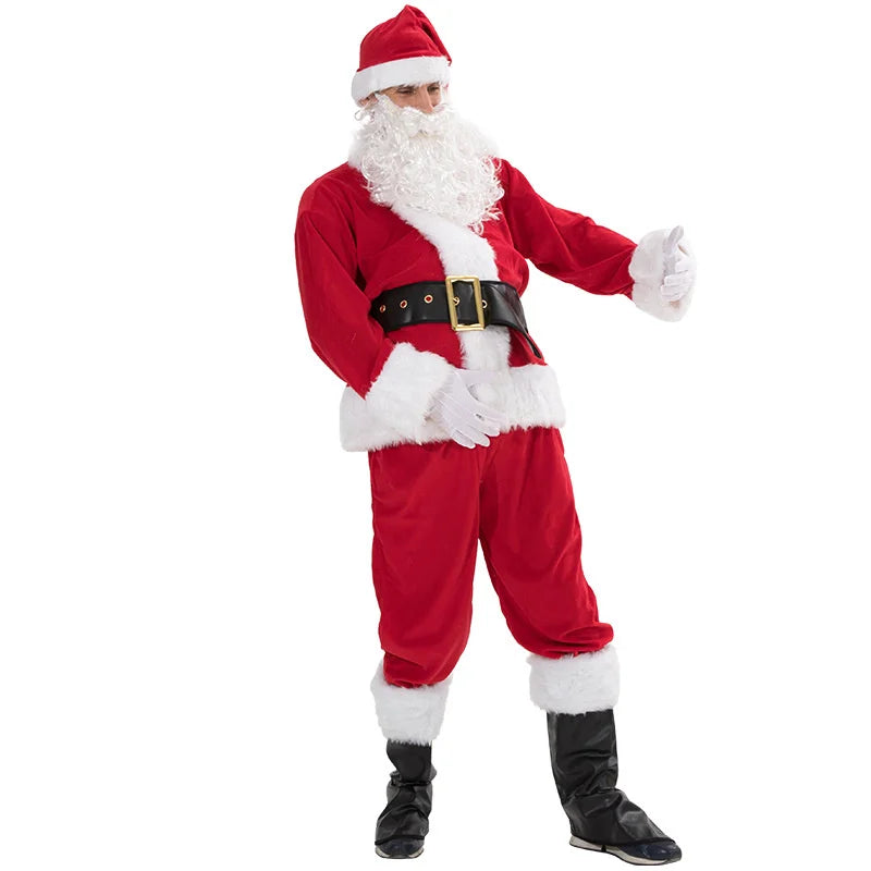 Santa Claus Costume Christmas Complete Dress-Up Outfit for Adult Men | 7PCS Deluxe Santa Suit with Hat Cosplay Costumes