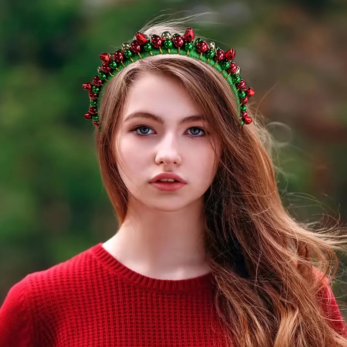 Festive Christmas Headband | Red & Green Beads, Golden Accents & Bell Charms | Hand-Wrapped Polyester Party Accessory
