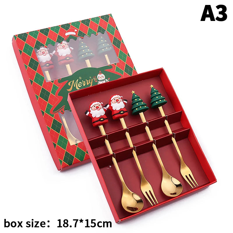 Stainless Steel Christmas Fork and Spoon Set | Coffee, Tea, & Dessert Tableware with Festive Gift Box