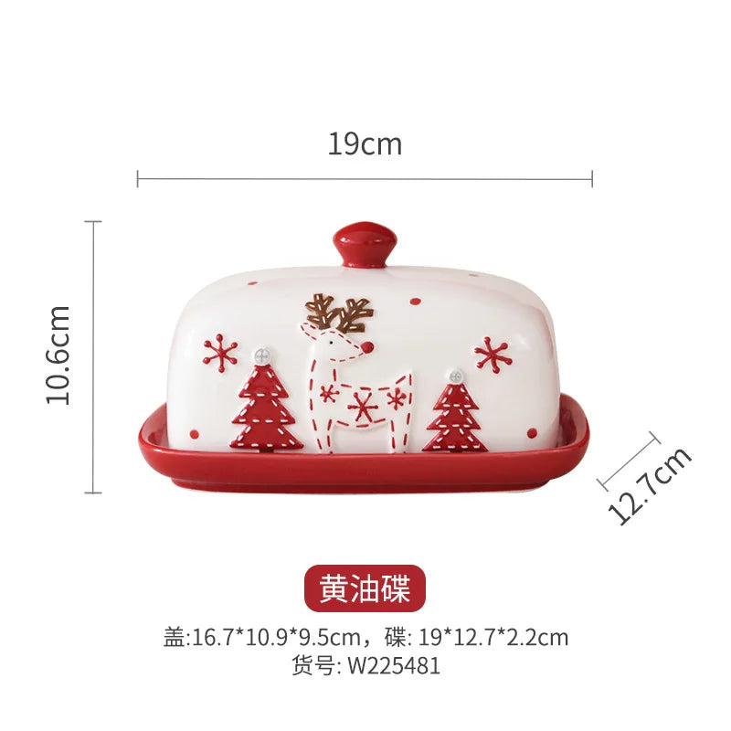 Nordic Christmas Tableware Set | Stitching Santa Claus Dishes & Plates | Embossed Sealed Jar, Seasoning Jar, Ceramic Flat Plate & Cup