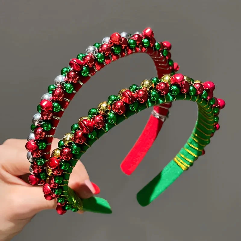 Festive Christmas Headband | Red & Green Beads, Golden Accents & Bell Charms | Hand-Wrapped Polyester Party Accessory
