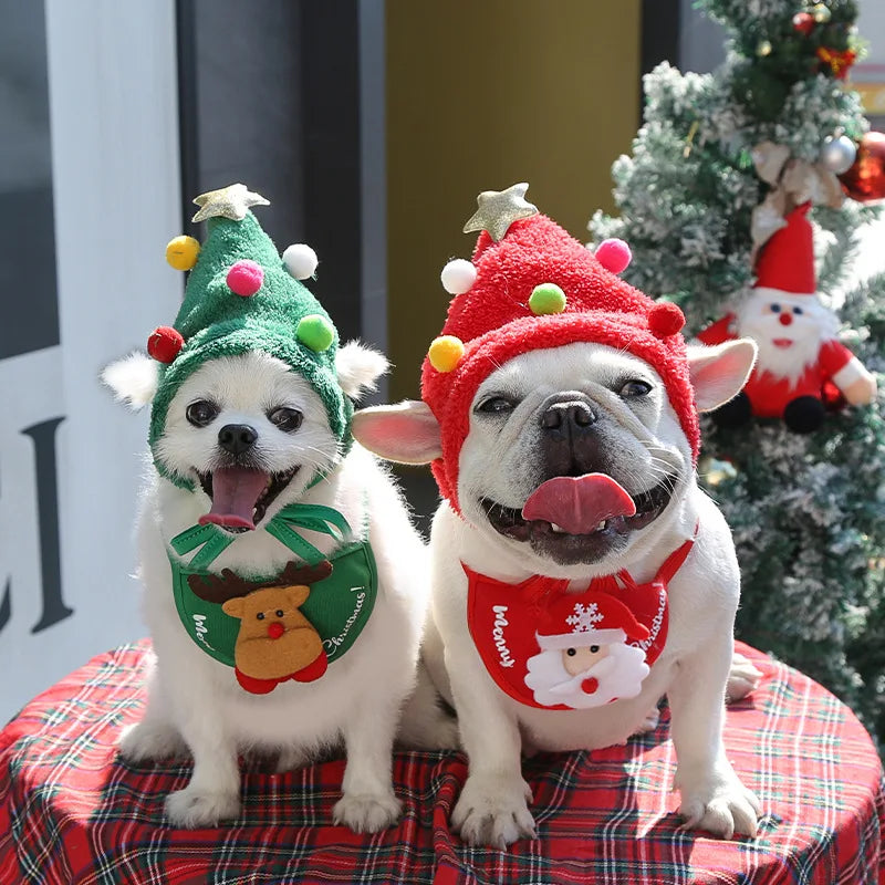 Funny Dog Christmas Hat & Pets Santa Bibs Set | New Year Party Cosplay Costume Puppy Cap | Cute Cats Bandana Clothes Accessories Gift