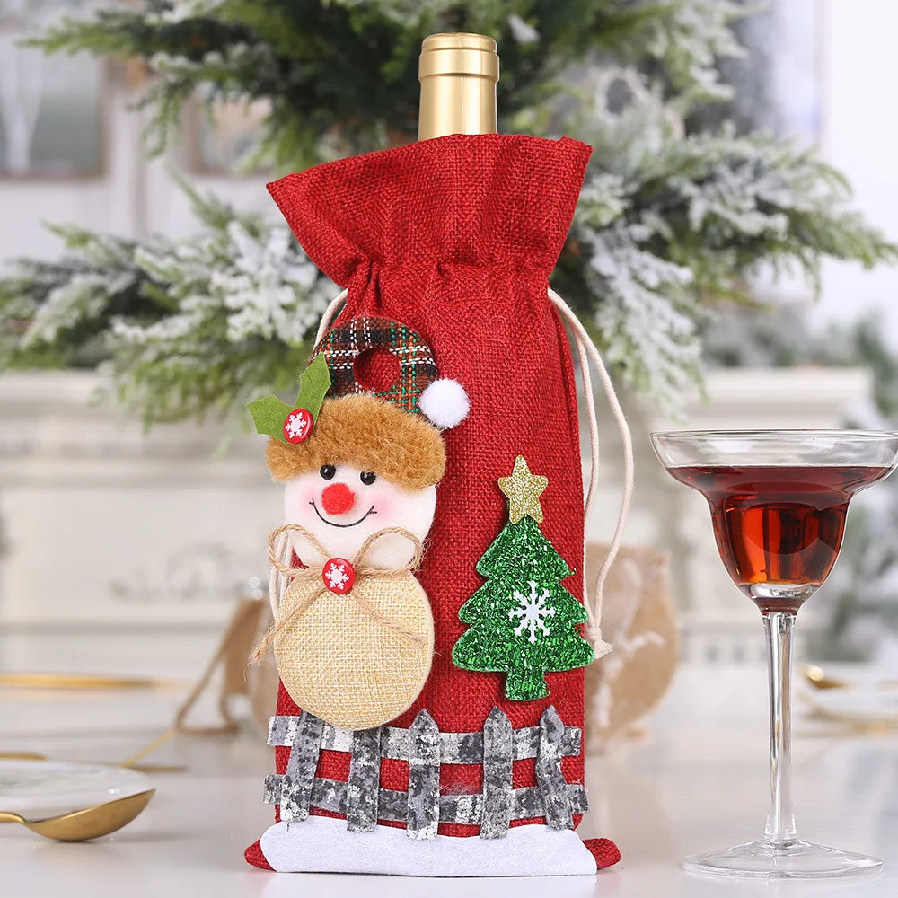 Christmas Wine Bottle Covers Set | Red Velvet Dress Sleeve Bags | Santa Claus Ornaments for New Year & Xmas Dinner Table Decoration