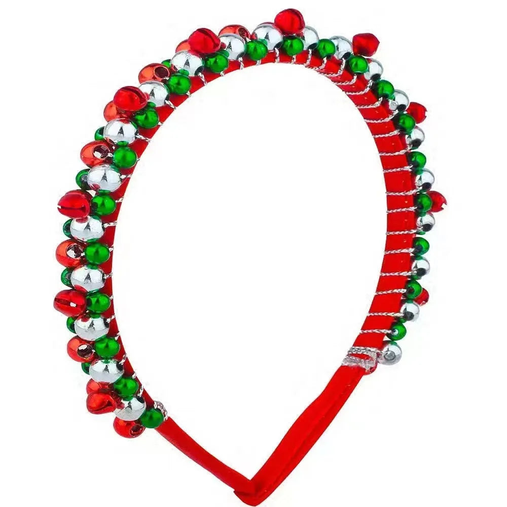 Festive Christmas Headband | Red & Green Beads, Golden Accents & Bell Charms | Hand-Wrapped Polyester Party Accessory